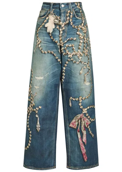 Acne Studios Womens Mid Blue Graphic-print Wide-leg Denim Jeans