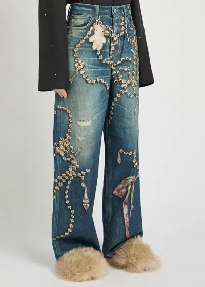 Acne Studios Womens Mid Blue Graphic-print Wide-leg Denim Jeans