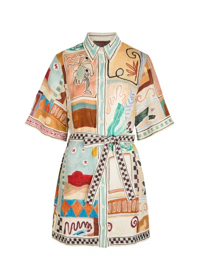 Alemais Michelle Multicolor Mini Dress With Classic Collar And All-over Geometric Motif In Linen Woman