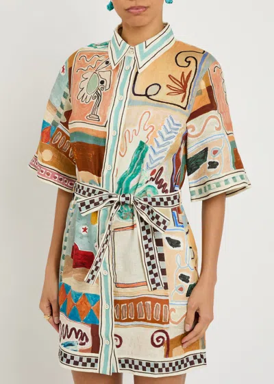 Alemais Michelle Multicolor Mini Dress With Classic Collar And All-over Geometric Motif In Linen Woman
