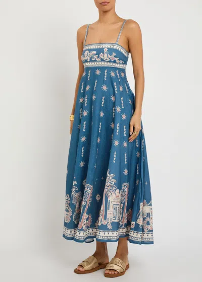 Alemais Acacia Printed Linen Midi Dress In Blue