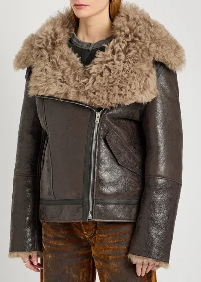 Acne Studios Leather Shearling Jacket In Gray