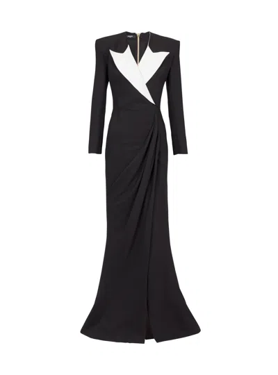Balmain Structured Crepe Long Dress In Black