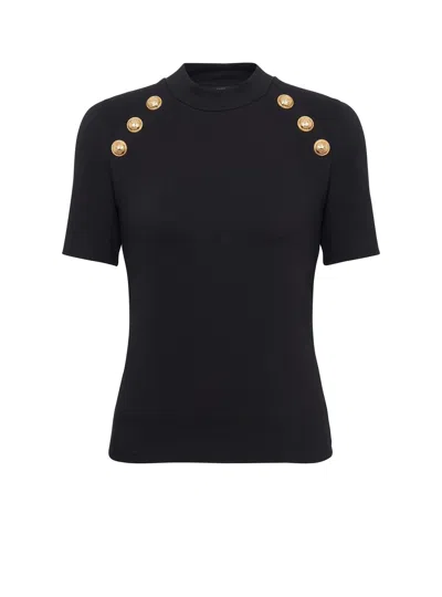 Balmain Sleeveless Black Crop Knit Top With Gold Buttons