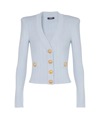 Balmain Cropped Knit Cardigan In Blue