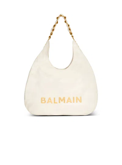 Balmain 1945 Soft Hobo Bag In Embossed Crinkled Calfskin With A Pb Labyrinth Monogram In White