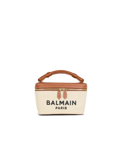 Balmain Structured Canvas Bag With Leather Handle And Logo In Neutral