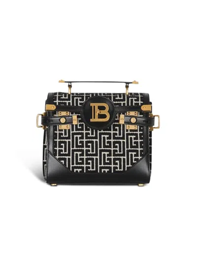 Balmain B-buzz 23 Bag In Jacquard And Leather In Black