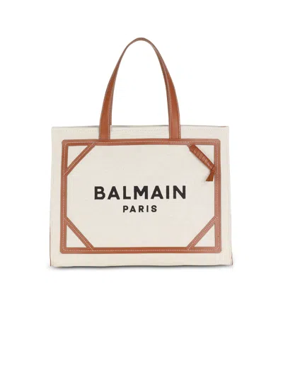 Balmain B-army 42 Canvas Tote Bag With Leather Details In Neutral