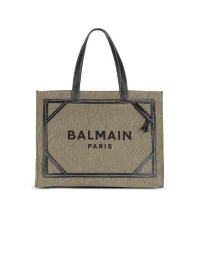 Balmain B-army 42 Canvas Tote Bag With Leather Details In Brown