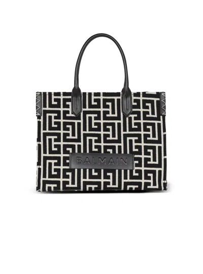 Balmain B-army 42 Monogram Jacquard And Leather Tote Bag In Black