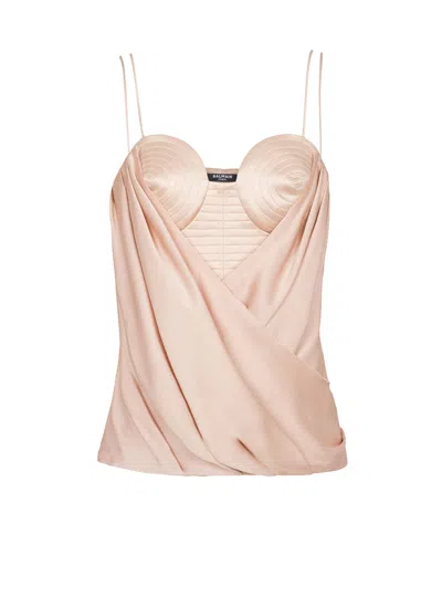 Balmain Draped Silk-satin Bustier Top In Neutral