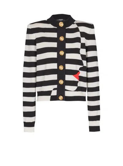 Balmain Knit Marinière Cardigan With Face Motif In Black