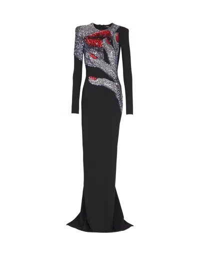 Balmain Long Embroidered Dress With Face Motif In Black