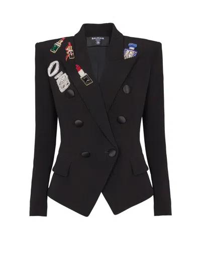 Balmain Double-breasted Crystal Patch Blazer In Black