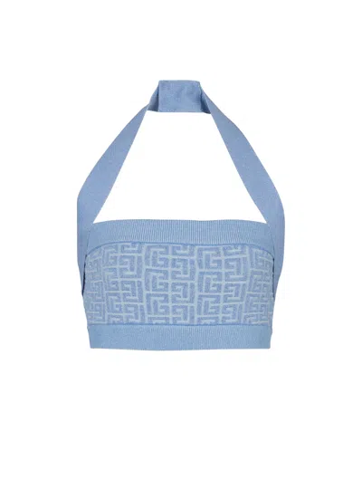 Balmain Knit Halterneck Top With Pb Labyrinth Monogram In Blue
