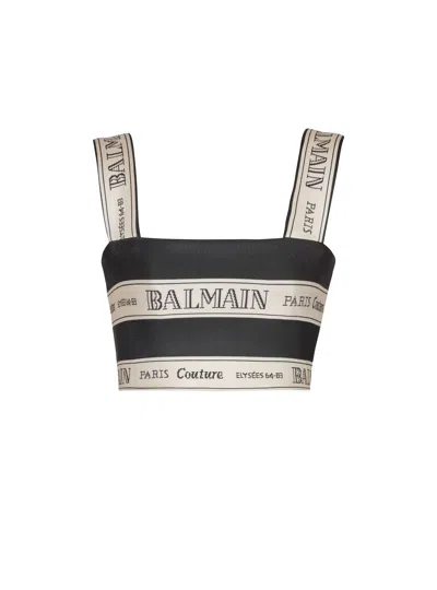 Balmain Striped Jacquard Crop Top In Black