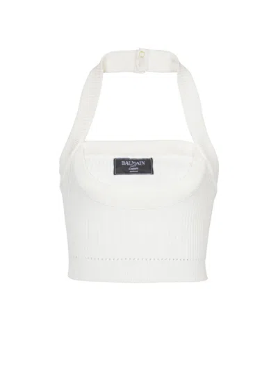 Balmain Ribbed Knit Halterneck Top In White