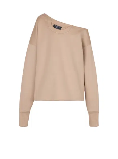 Balmain Asymmetrical Jersey Off-the-shoulder Sweatshirt In Sand