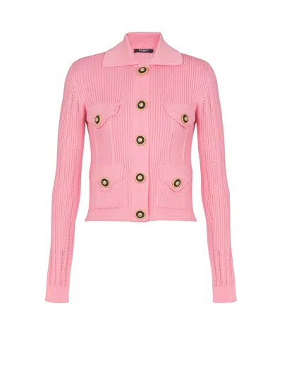 Balmain Cropped Ribbed Knit Cardigan With Openwork Details In Pink