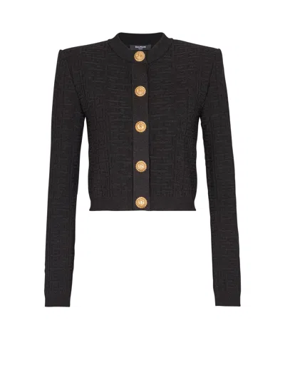 Balmain Pb Labyrinth Knit Cropped Cardigan In Black