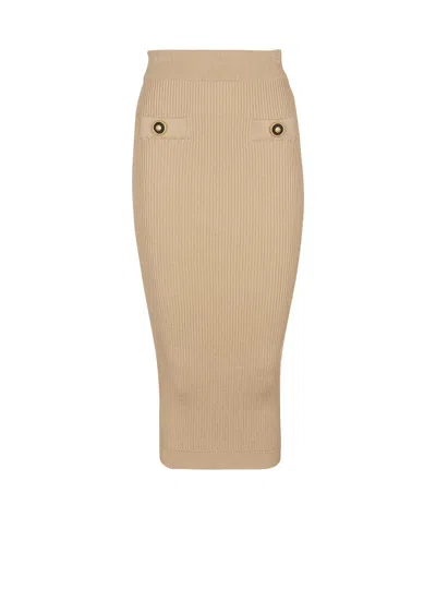 Balmain Midi Skirt In A Plain Ribbed Knit In Brown