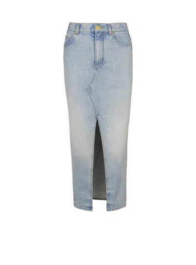 Balmain Denim Midi Skirt In Blue