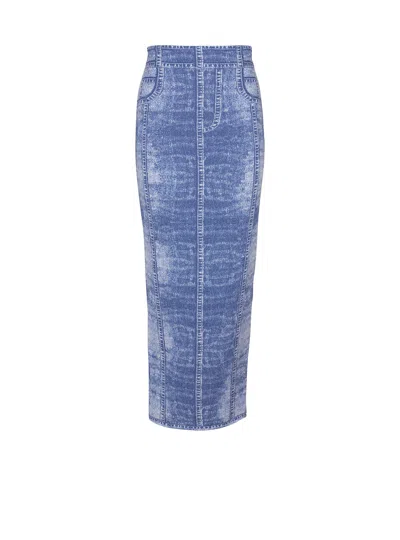 Balmain Midi Skirt In Jacquard Knit With Denim Effect In Blue