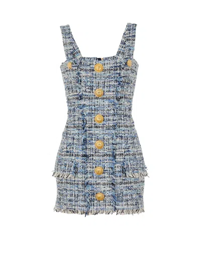 Balmain Blue Dress With Frayed Details In Tweed Woman