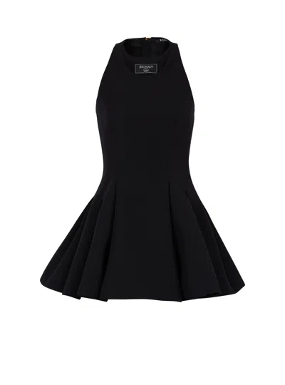 Balmain Flared Pleated Grain De Poudre Dress In Black