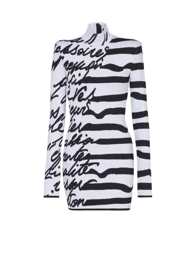 Balmain Stripe Love Letter Jacquard Knitted Dress In White