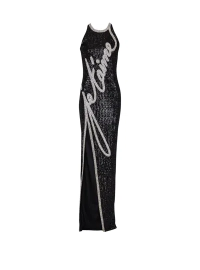 Balmain Love Letter Embroidered Sequined Gown In Black