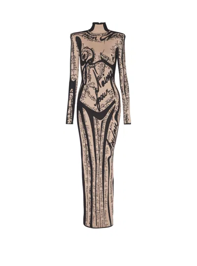 Balmain Long Knit Dress With Body Motif In Neutral