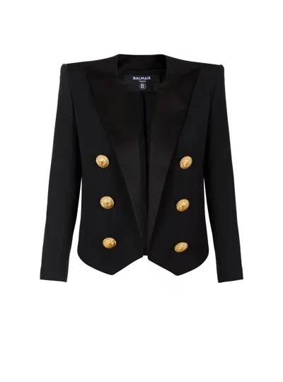 Balmain Cropped Grain De Poudre Edge-to-edge Jacket With 6 Buttons In Black