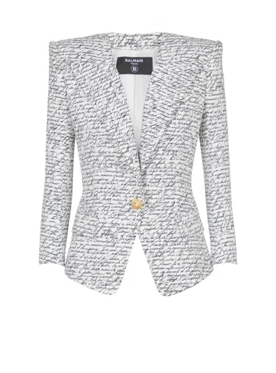 Balmain Tailored Script Print Blazer In Gray
