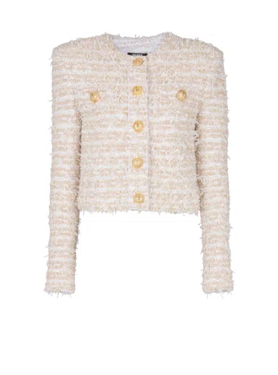 Balmain Cropped Tweed Jacket In Neutral