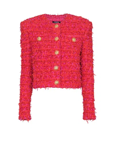 Balmain Cropped Tweed Jacket In Red