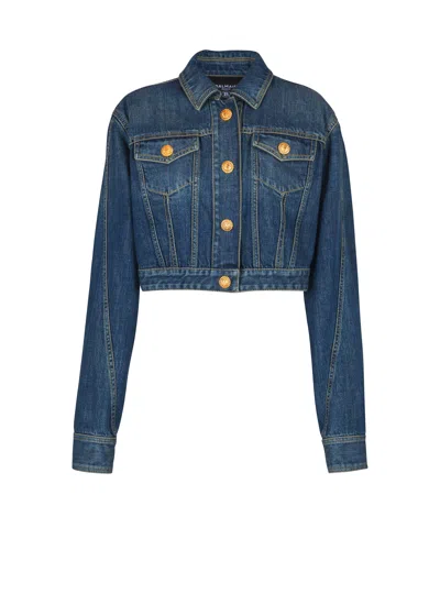 Balmain Cropped Faded Denim Jacket In Blue