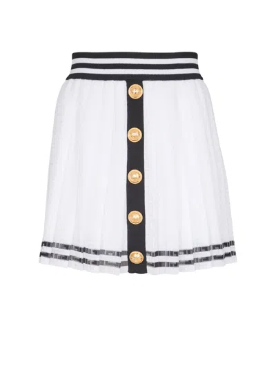 Balmain Pleated Monogrammed Knit Skirt In White