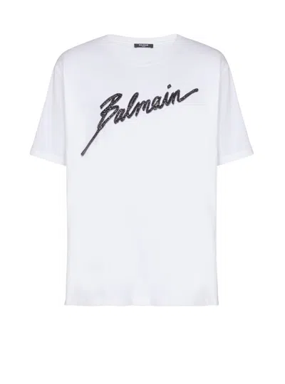 Balmain Men White Crewneck T-shirt With Maxi Logo Lettering On The Front In Cotton Man