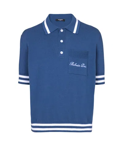 Balmain Siganture Embroidered Polo Shirt In Blue