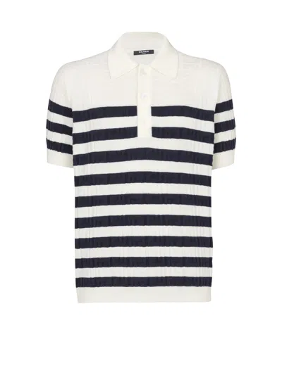Balmain Striped Knit Polo Shirt With Monogram In Multi