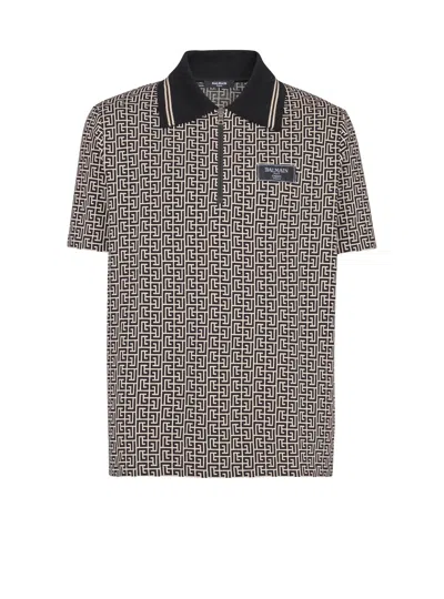 Balmain Men Labyrinth Polo Shirt With Jacquard Effect In Black