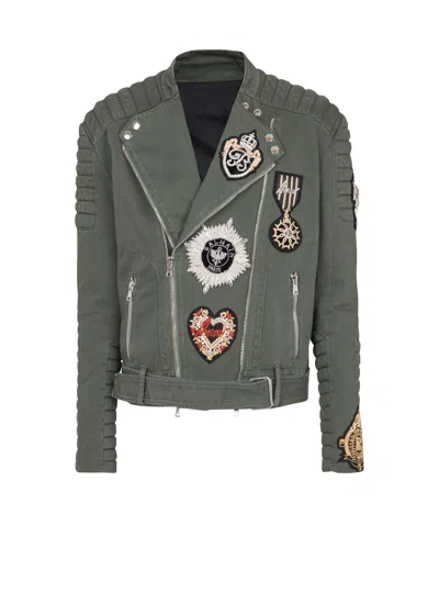 Balmain Denim Biker Jacket With Embroidered Patches In Brown