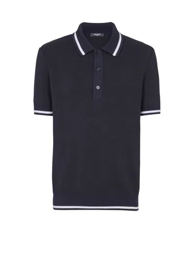 Balmain Monogrammed Merino Wool Polo Shirt In Blue