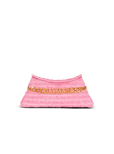 Balmain 1945 Soft Clutch Bag In Tweed-effect Raffia In Pink