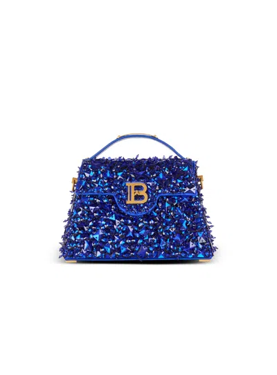 Balmain B-buzz Dynasty Bag In Leather And Embroidered Satin In Blue