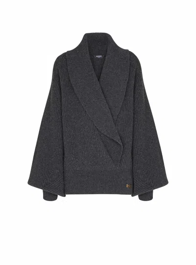 Balmain Oversized Ribbed Knit Pullover With Shawl Collar In Gray