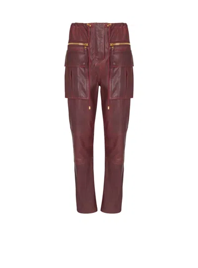 Balmain Lambskin Leather Cargo Pants In Burgundy