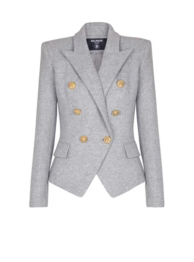 Balmain Wool-blend Jersey Double-breasted Blazer In Gray